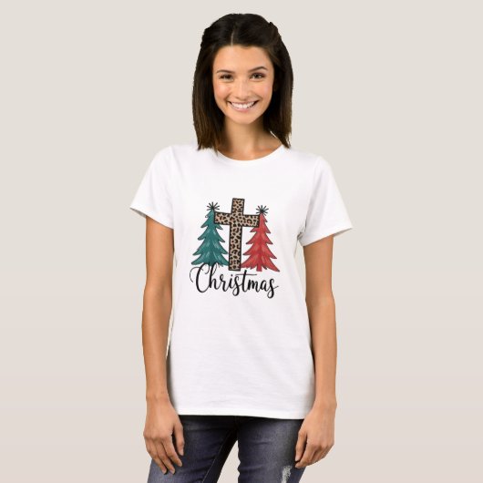 Leopard Cross kerstbomen Christelijk T-shirt (Voorkant volledig)
