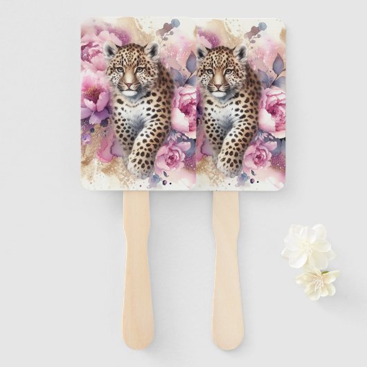 Leopard Cub & Rozen Hand Fan Handwaaier (Voorkant en achterkant)