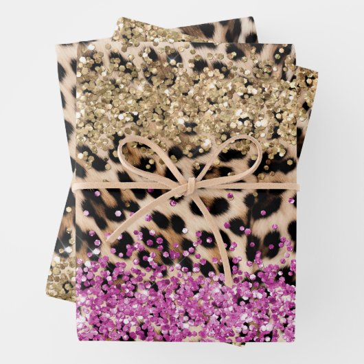 Leopard Dier Goud Girly Pink Glitzy Glitter Inpakpapier Vel (In situ)