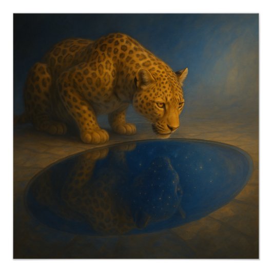 Leopard Drinking from a Starry Pool – GeoWild Art Perfect Poster (Voorkant)