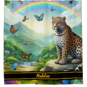 Leopard Elegance: kleurrijke Oerwoud Escape Douchegordijn (Voorkant)