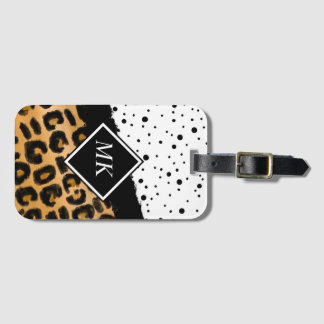 Leopard en Black and White Polka Dots Monogramed Bagagelabel