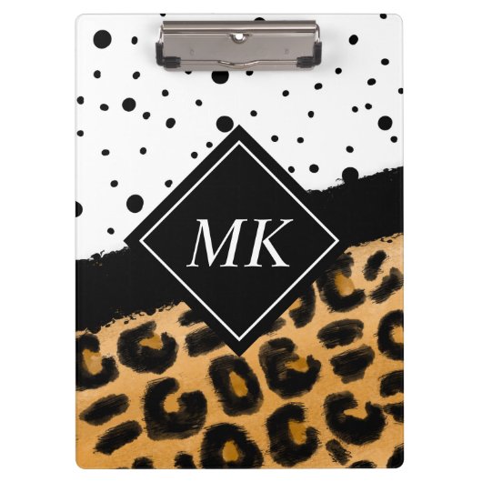 Leopard en Black and White Polka Dots Monogramed Klembord (Voorkant)