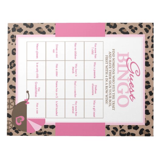 Leopard en Roze Gast Bingo Baby shower Game Pack Notitieblok (Voorkant)