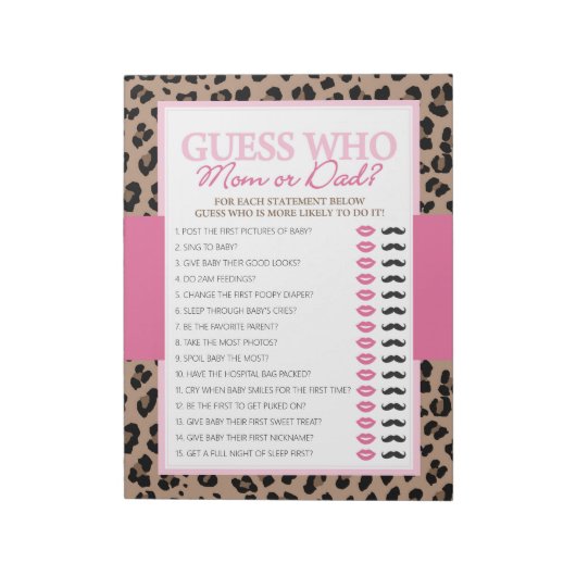 Leopard en Roze Guess Wie Baby shower Game Pack Notitieblok (Linkerzijde)
