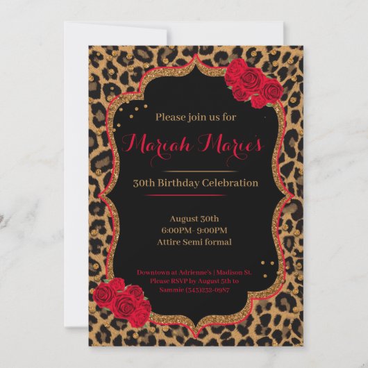 Leopard en Rozen Birthday Invite Kaart (Voorkant)