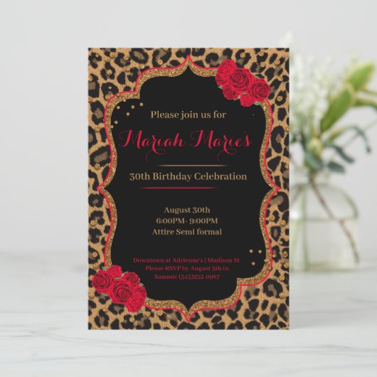 Leopard en Rozen Birthday Invite Kaart (Staand voorkant)