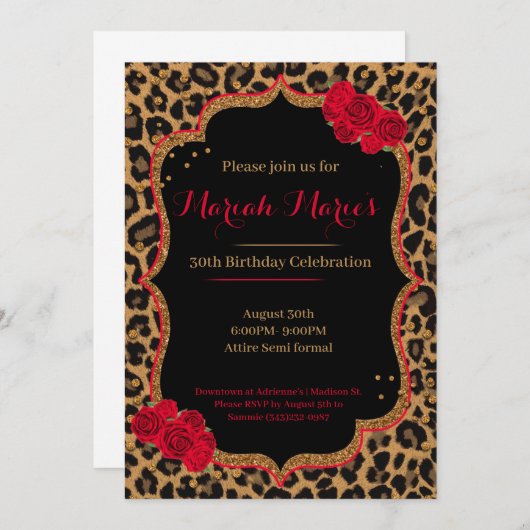 Leopard en Rozen Birthday Invite Kaart (Voorkant / Achterkant)