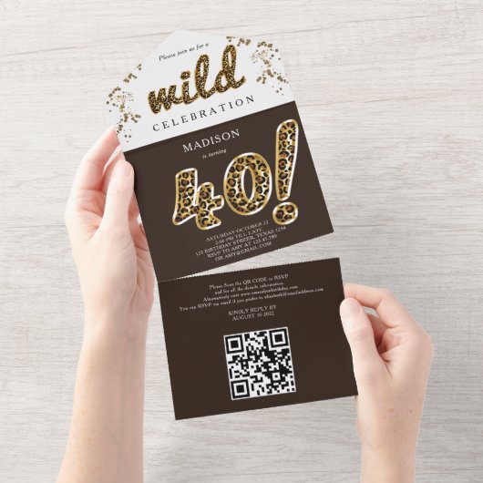 Leopard Folie Ballon 40th Birthday QR Code RSVP All In One Uitnodiging (Afscheurbaar)