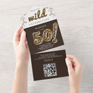Leopard Folie Ballon 50th Birthday QR Code RSVP Al All In One Uitnodiging