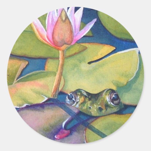 Leopard Frog Lily Pads Lotus Flower Waterverf Art Ronde Sticker (Voorkant)