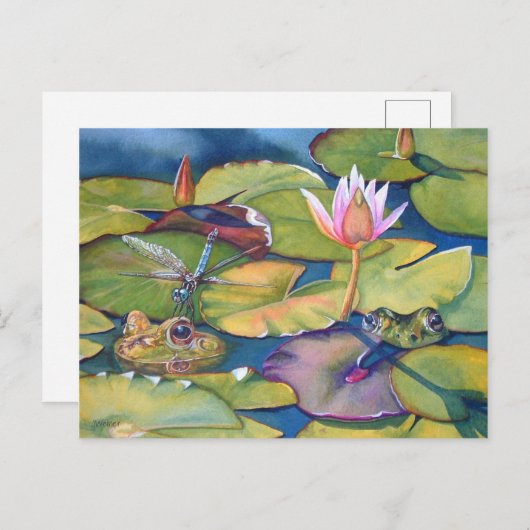 Leopard Frogs Lily Pads Pond Waterverf Art Briefkaart (Voorkant / Achterkant)