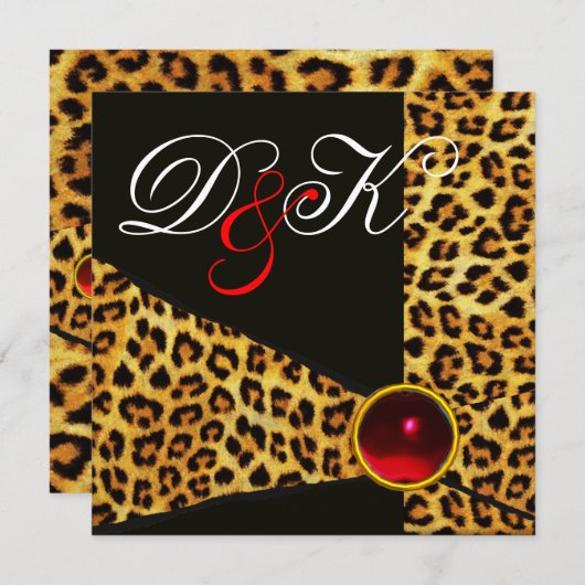 LEOPARD FUR RIBBON, RED RUBY GEMSTONE MONOGRAM KAART (Voorkant / Achterkant)