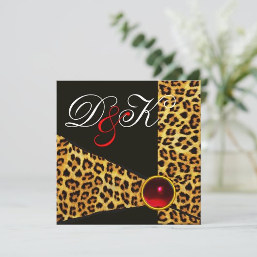 LEOPARD FUR RIBBON, RED RUBY GEMSTONE MONOGRAM KAART (Staand voorkant)