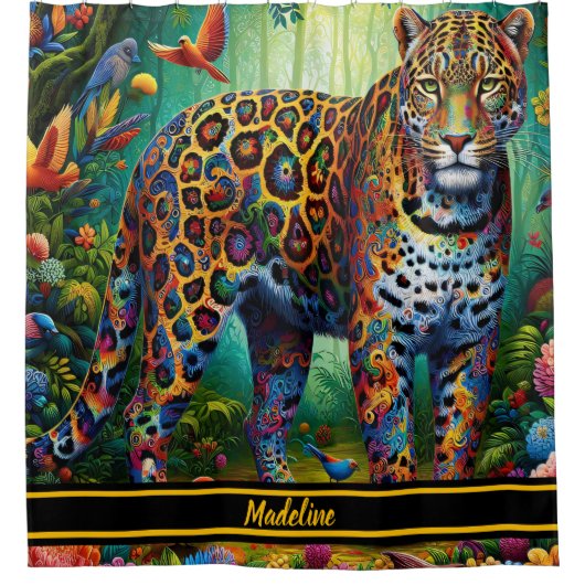 Leopard Gaze: Tropische majesteit in beweging Douchegordijn (Voorkant)