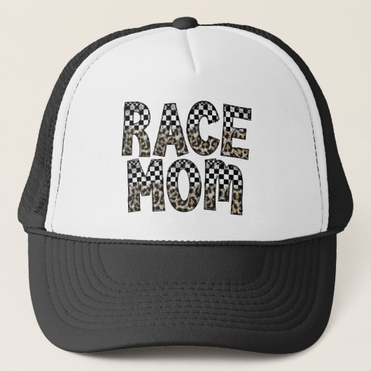 Leopard Geruite Vlag Print Race Mama Trucker Hat Trucker Pet (Voorkant)