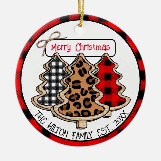 Leopard-, Gingham- en Buffalo-kerstbomen Keramisch Ornament (Voorkant)