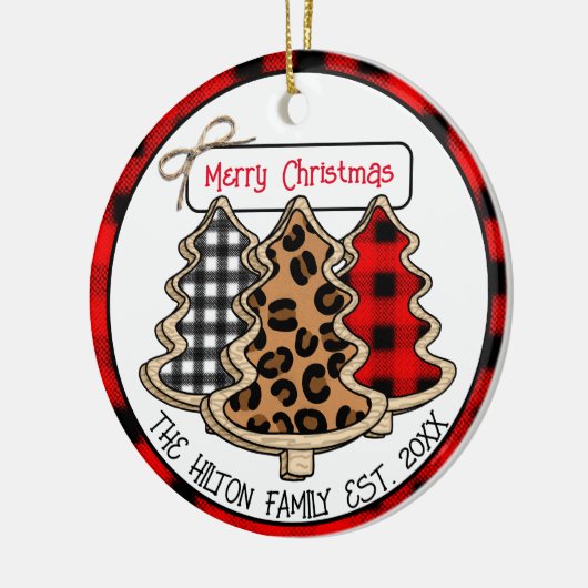 Leopard-, Gingham- en Buffalo-kerstbomen Keramisch Ornament (Links)