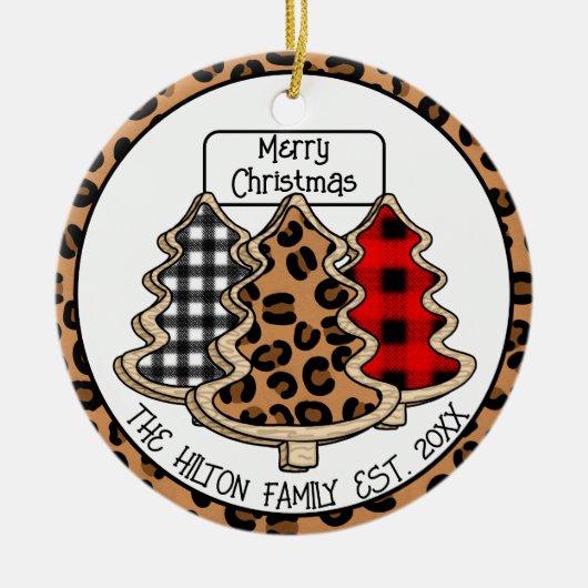 Leopard-, Gingham- en Buffalo-kerstbomen Keramisch Ornament (Voorkant)