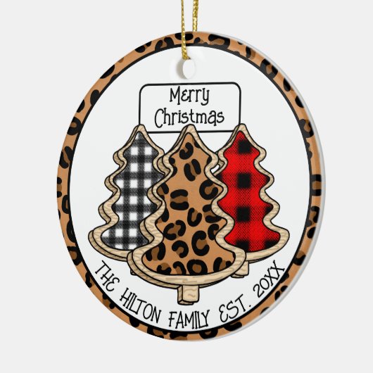 Leopard-, Gingham- en Buffalo-kerstbomen Keramisch Ornament (Links)