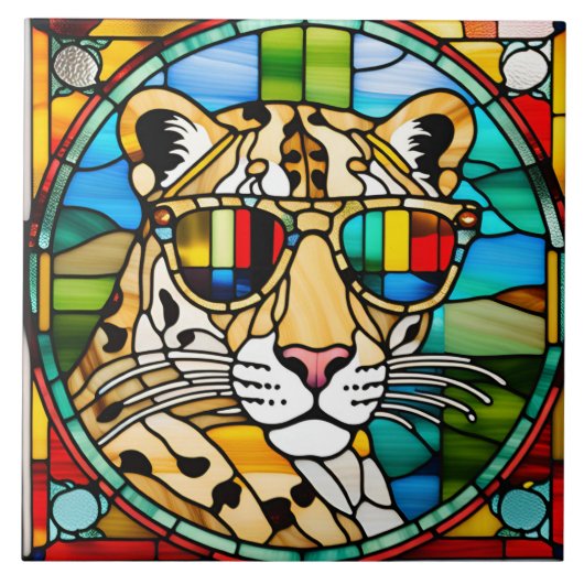 Leopard Glas in lood Decoratieve Tegel Tegeltje (Voorkant)