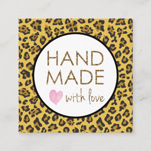 Leopard Glitter Handgemaakt met Liefde Vierkante Visitekaartje (Voorkant)