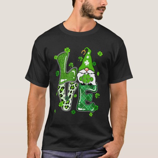 Leopard Glitter Pset LOVE Gnome St Pattys Day Iri T-shirt (Voorkant)