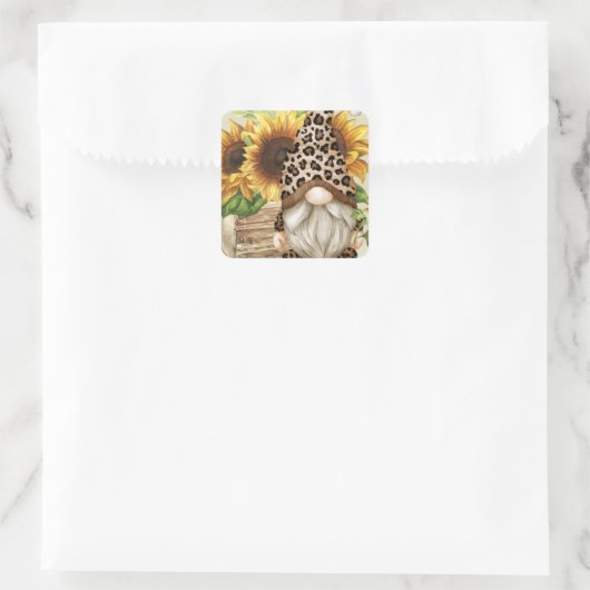 Leopard Gnome Sunflower Square Sticker (Tas)