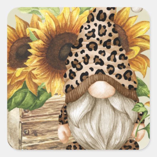 Leopard Gnome Sunflower Square Sticker (Voorkant)