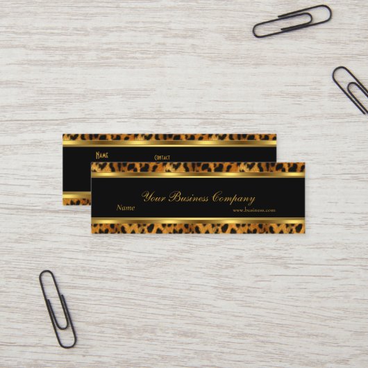 Leopard Gold Black Stripe Elegante Classy Skinny Mini Visitekaartje (Voorkant / Achterkant in situ)