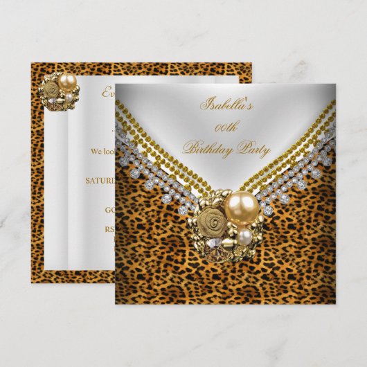 Leopard Gold Black White Elegant Birthday Party Kaart (Voorkant / Achterkant)