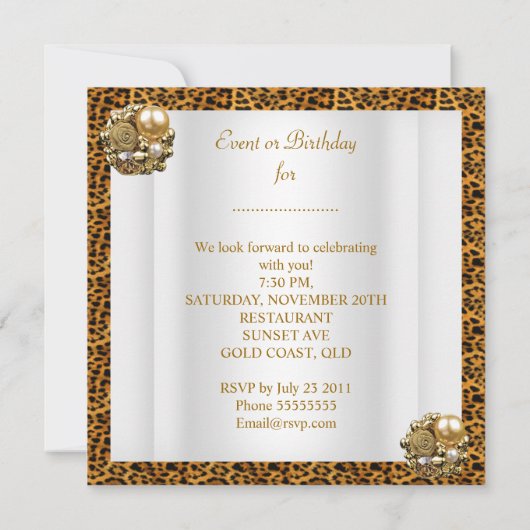 Leopard Gold Black White Elegant Birthday Party Kaart (Achterkant)