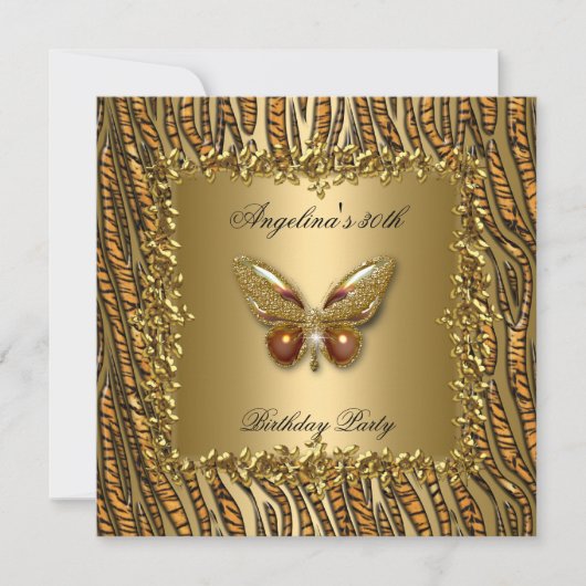 Leopard Gold Butterfly Birthday Party 50th Kaart (Voorkant)