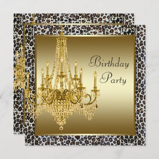 Leopard Gold Chandelier Birthday Party Invitations Kaart (Voorkant / Achterkant)