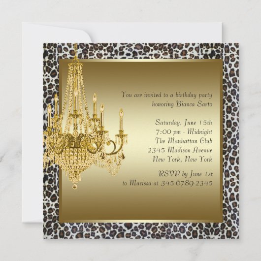 Leopard Gold Chandelier Birthday Party Invitations Kaart (Achterkant)