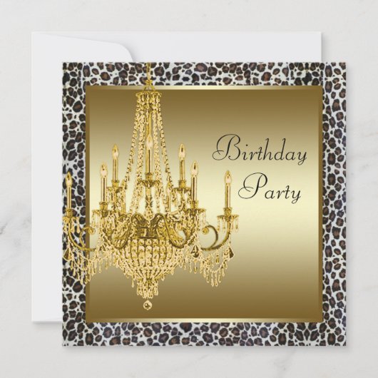 Leopard Gold Chandelier Birthday Party Invitations Kaart (Voorkant)