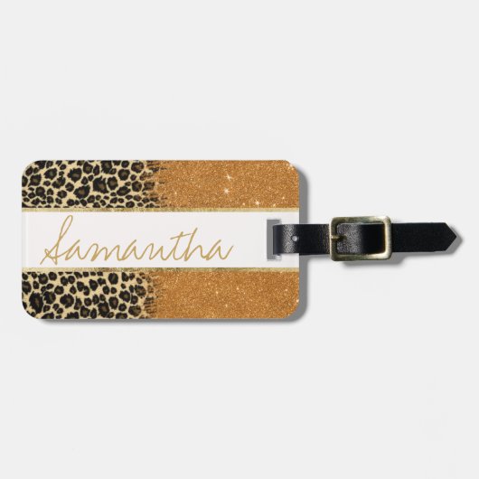 Leopard Gold Faux Glitter Brusbek Monogram Bagagelabel (Voorkant horizontaal)
