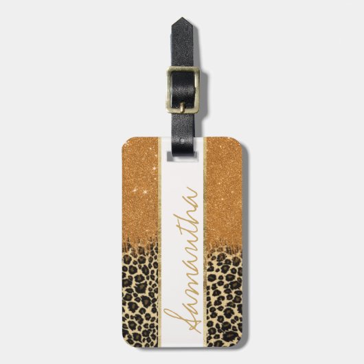 Leopard Gold Faux Glitter Brusbek Monogram Bagagelabel (Voorkant verticaal)