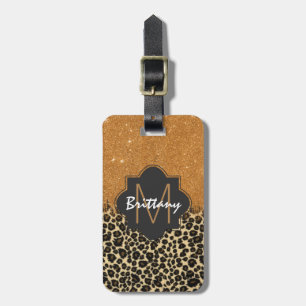 Leopard & Gold Faux Glitter Brushack Monogram Bagagelabel