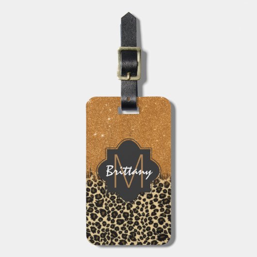 Leopard & Gold Faux Glitter Brushack Monogram Bagagelabel (Voorkant verticaal)