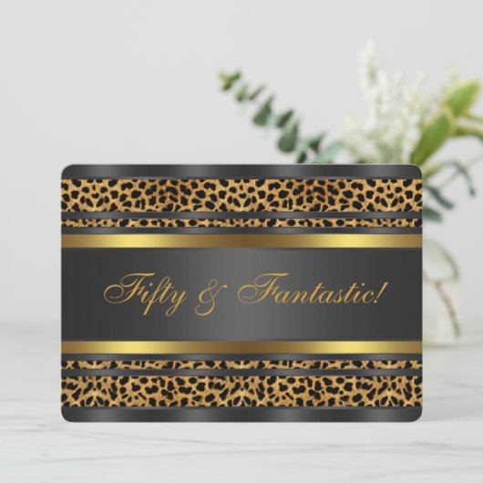 Leopard Gold Zwarte Vrouwen 50ste Verjaardagsfeest Kaart (Staand voorkant)
