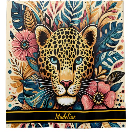 Leopard Grace: Vibrant Branch Serenity Douchegordijn (Voorkant)