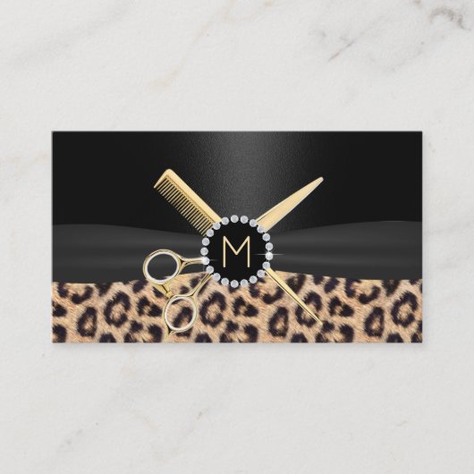 Leopard Hair Stylist Gold Scissor & Comb Luxury Visitekaartje (Voorkant)