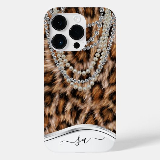 Leopard Handgeschreven naam Pearl Diamond Ketting Case-Mate iPhone Case (Achterkant)