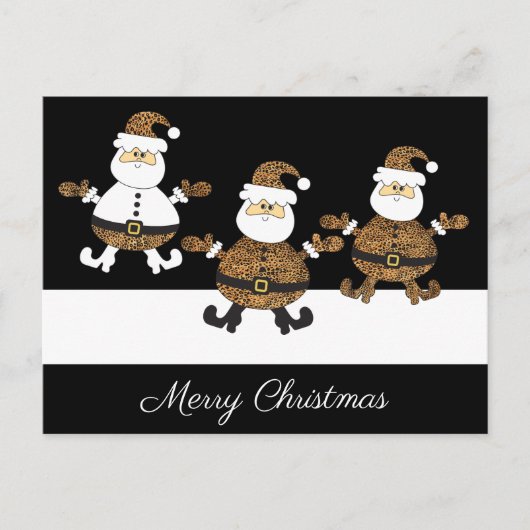 Leopard Happy Triple Santa sneeuw op zwart Briefkaart (Voorkant)