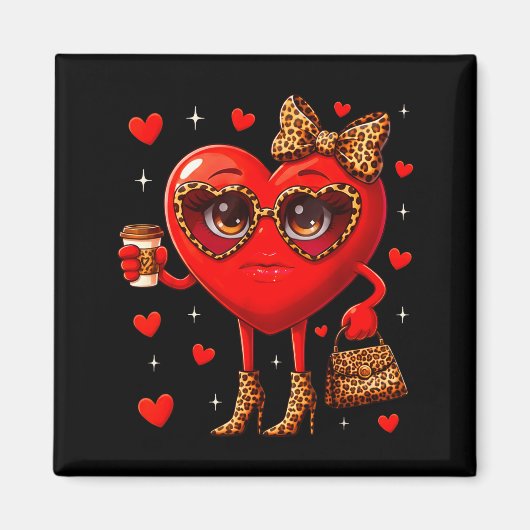 Leopard Heart Drinking Coffee Valentines Day Women Magneet (Voorkant)