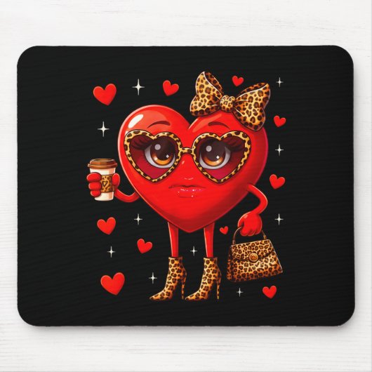Leopard Heart Drinking Coffee Valentines Day Women Muismat (Voorkant)