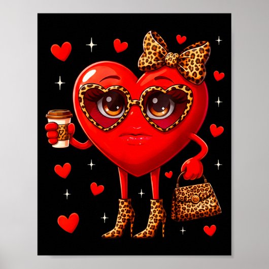 Leopard Heart Drinking Coffee Valentines Day Women Poster (Voorkant)