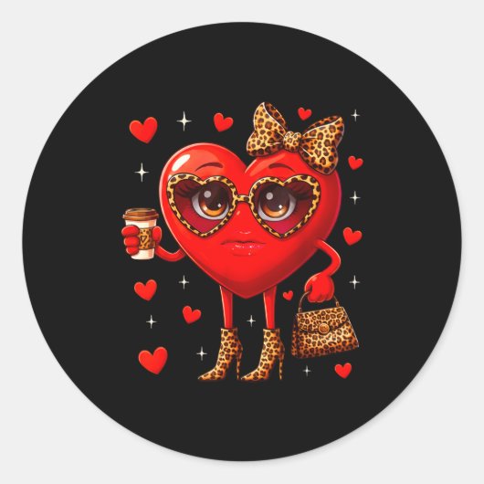 Leopard Heart Drinking Coffee Valentines Day Women Ronde Sticker (Voorkant)