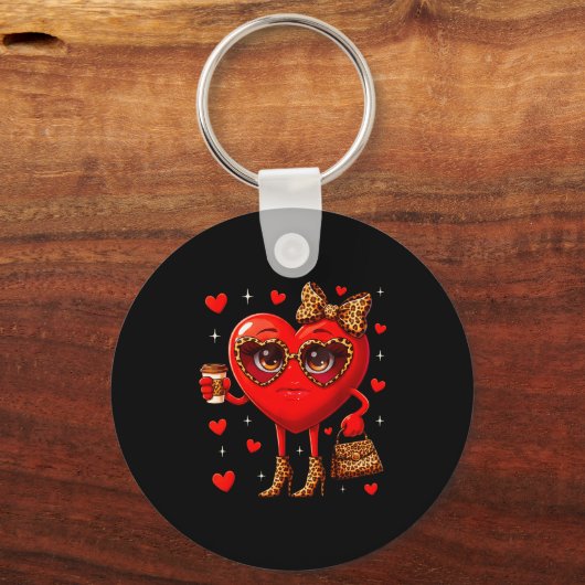 Leopard Heart Drinking Coffee Valentines Day Women Sleutelhanger (Voorkant)